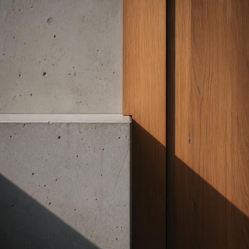 Macro close-up of a joint where a rough grey concrete edge meets warm oak grain, lit from the side so both textures cast fine shadows.
