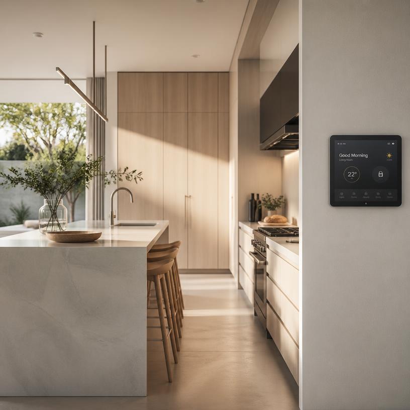 Wall-mounted smart-home control panel with a lit touchscreen, installed above a pale stone worktop in a minimalist kitchen with light timber cabinets.