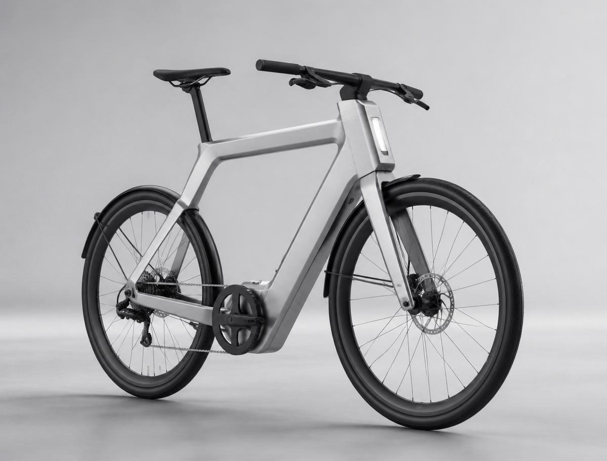 Silver electric bicycle prototype on a plain studio backdrop, shown side-on with a slim step-through frame, integrated battery in the down tube and matte black tyres.